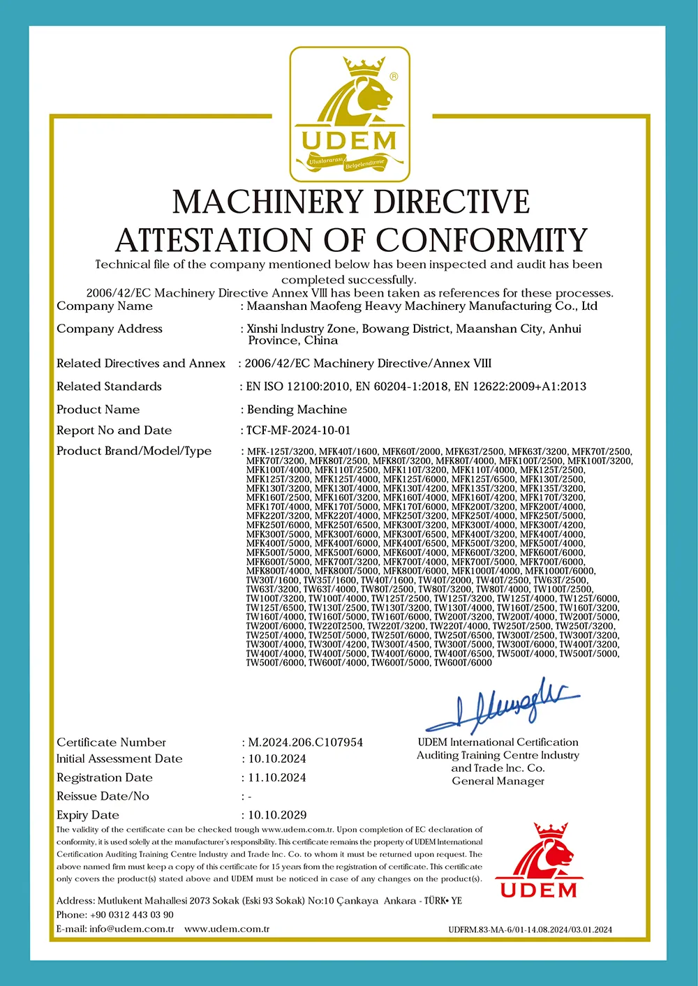 Certificado CE para máquinas dobladoras