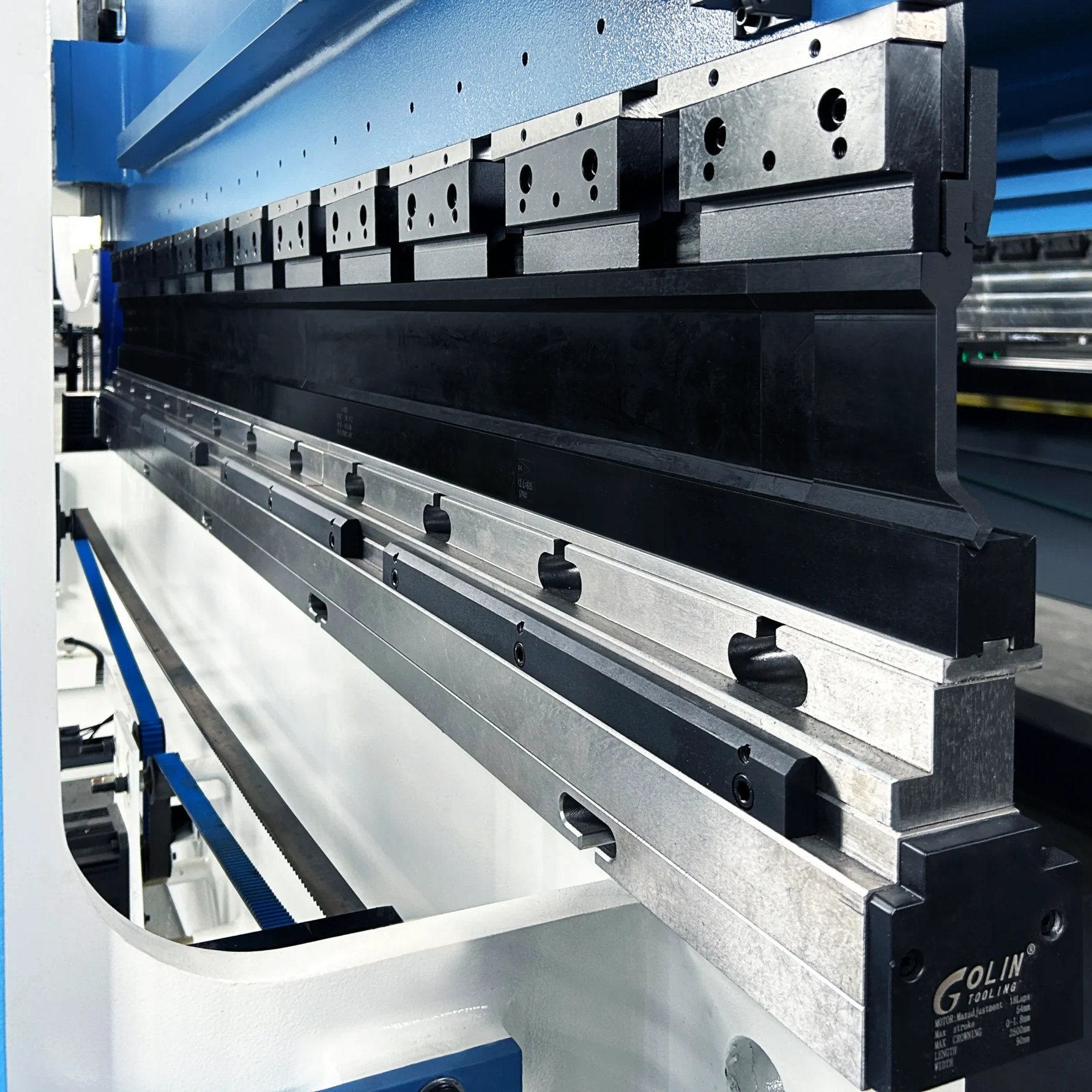 Press brake tooling: upper and lower die set mounted for sheet metal bending